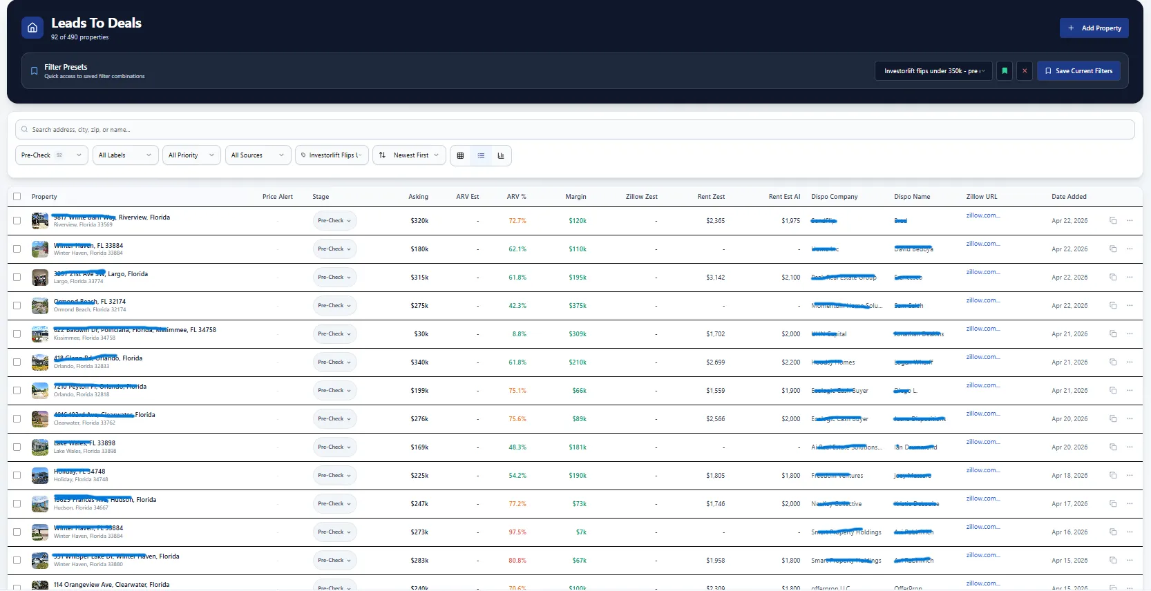 CRM leads view — properties flowing through the investment pipeline