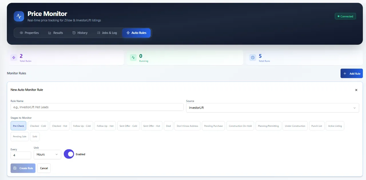Price monitoring rules — thresholds, intervals, and auto-actions