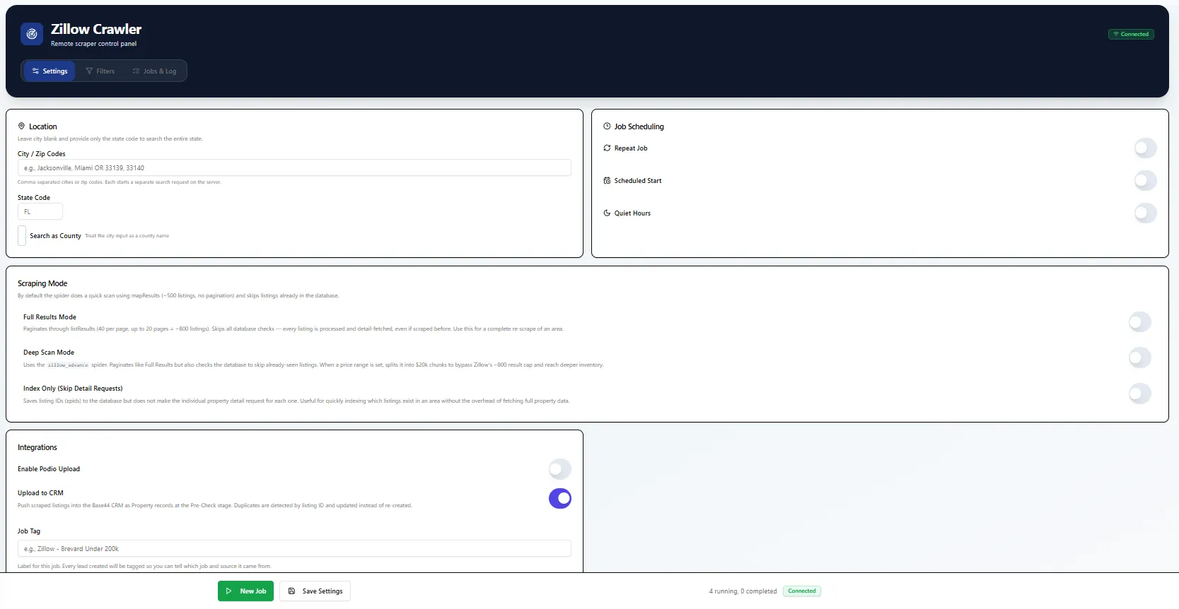 Zillow crawler main dashboard