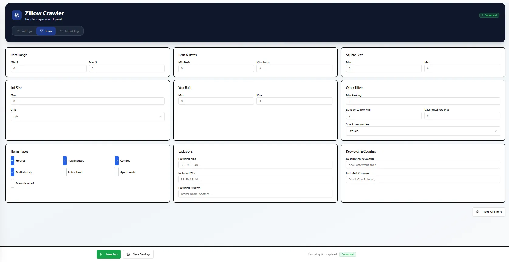Job filters — city, price range, zip code lists, keywords, and more