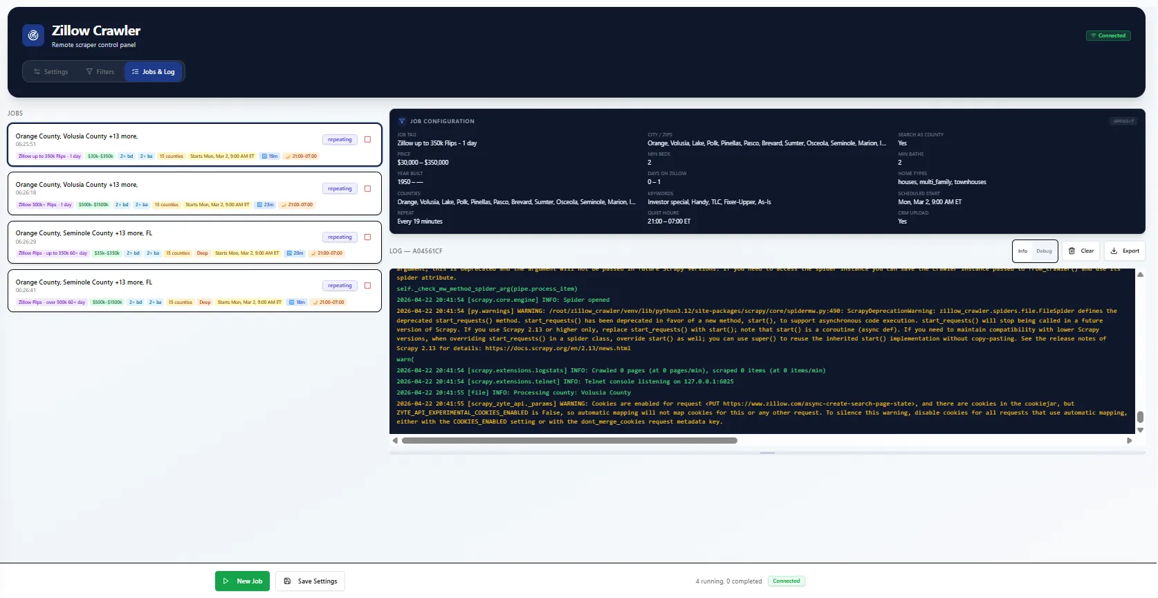 Running crawler jobs with live log streaming